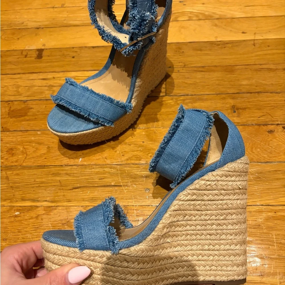 SCHUTZ Blue Frayed Denim Espadrille Wedge Sandals - Picture 5 of 5